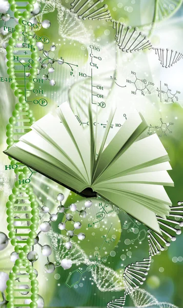 Open Book Background Abstract Image Stylized Dna Chains Overlay Image — Stock Photo, Image