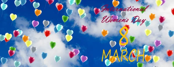 Międzynarodowy Dzień Kobiet Romantyczny Sztandar Dekoracja Pięknymi Balonami — Zdjęcie stockowe
