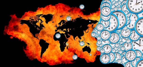 Изображение Карты Мира Окружённой Сторон Бушующим Пламенем Силуэт Мужчины Состоящий — стоковое фото