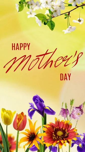 Tarjeta Felicitación Del Día Madre Feliz Con Flores Una Inscripción — Foto de Stock