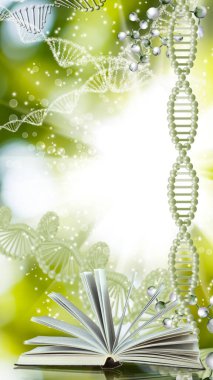 DNA genetik zinciri arkaplanı üzerine açık kitabın resmi