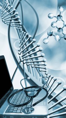 Soyut bir 3d görüntü uzayda uçan DNA zincirlerinin arka planında bir dizüstü bilgisayar üzerinde yatan bir stetoskop oluşur