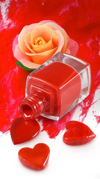 Isolated Image Red Nail Polish Flower Rose Heart White Background — Stock Fotó