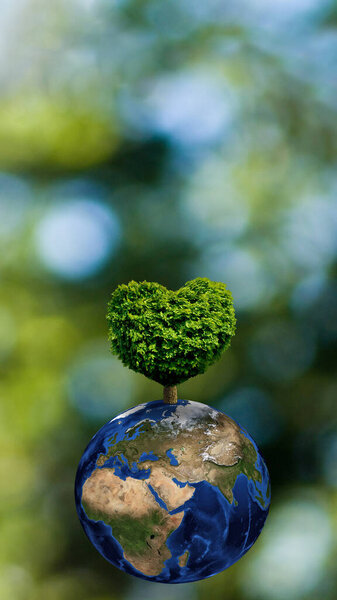 Image of planet Earth with a symbolic tree on a green abstract background.