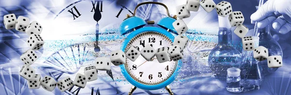 Dice Placed Form Continuous Chain Clock Which Particles Fly Different — Stockfoto