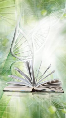 Biçimlendirilmiş DNA zincirlerinin arka planına karşı açık bir kitabın resmi