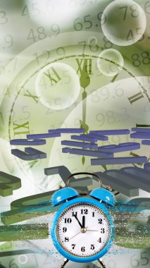 Bir alarmlı saatin soyut görüntüsü, parçacıkların ayrıldığı, bir akıntı oluşturan. Zaman dağılımı ve yeşil arkaplandaki harfler