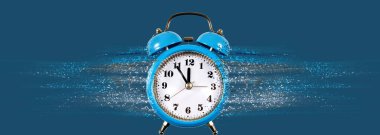 Abstract image of an alarm clock from which particles come off forming a stream. Dispersion on blue background
