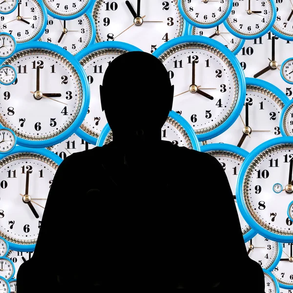Image Black Silhouette Man Background Many Clock Dials — Fotografia de Stock