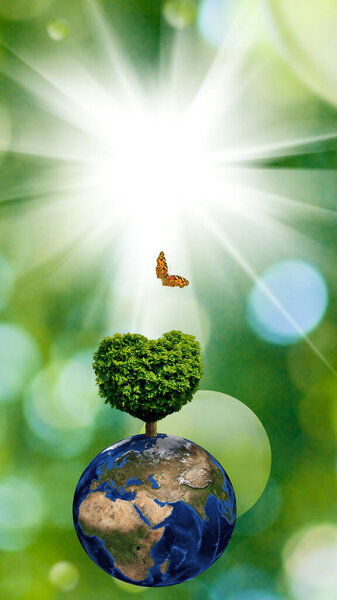 Images of planet Earth with a symbolic tree in the shape of a heart on a green abstract background.