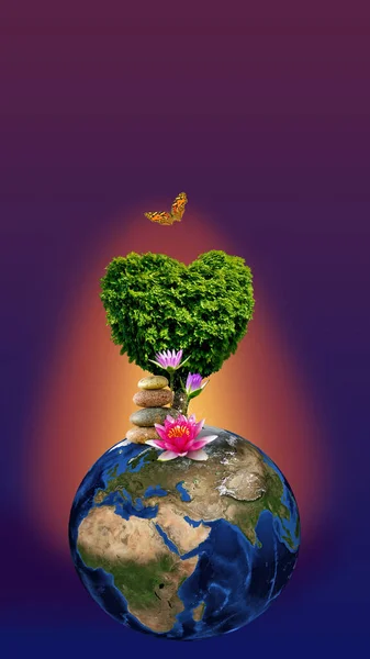 Images Planet Earth Symbolic Tree Shape Heart Lotus Flowers Cairn — Zdjęcie stockowe
