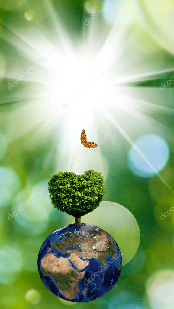 Images of planet Earth with a symbolic tree in the shape of a heart on a green abstract background.