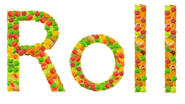 Image Inscription Roll Letters Which Consist Various Confectionery — Stock Photo, Image