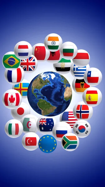 Image Icons Flags Different Countries Globe Close Rendering — Stock Photo, Image