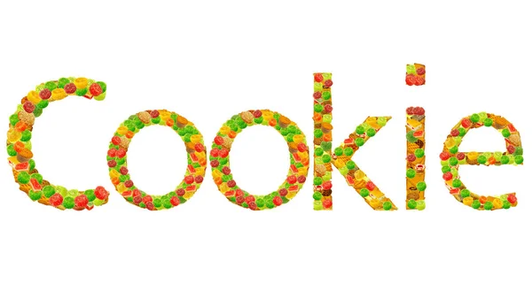 Image Inscription Cookie Letters Which Consist Various Confectionery — Stock Photo, Image