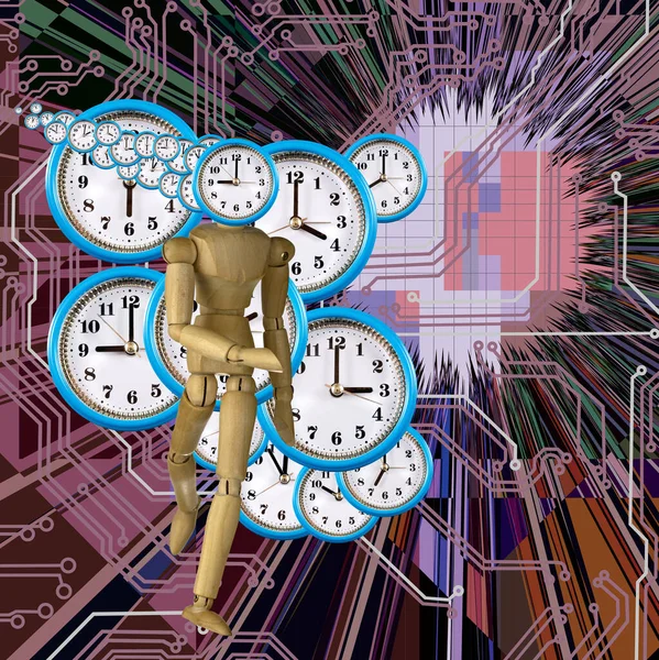 A human figure consisting of clock dials of different sizes against the background of images of abstract lines. 3D-image