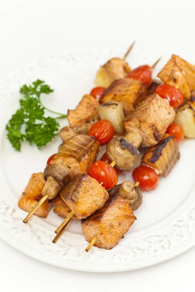 Grilled salmon kebabs — Stock Photo, Image