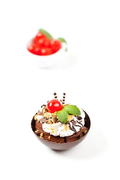 Dessert. Sundae Mousse Brownie Cup with cherry — Stock Photo, Image
