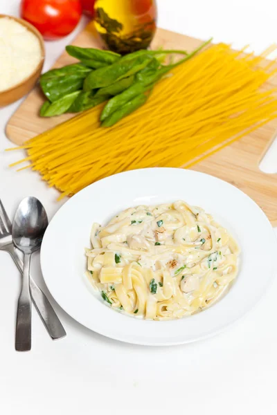 Ayam fettuccine alfredo dengan bayam — Stok Foto