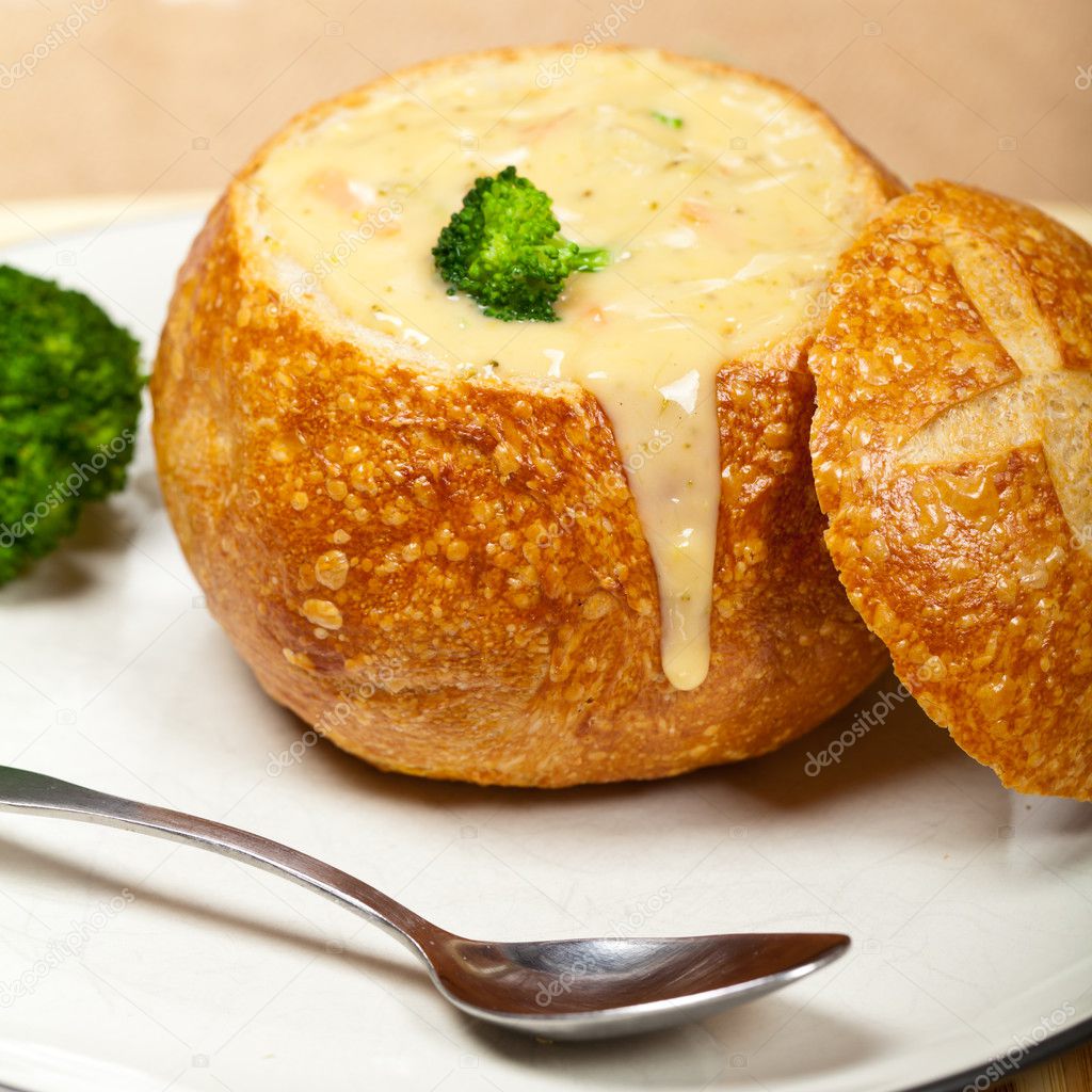 Broccoli cheese and bacon soup in a bread bowl