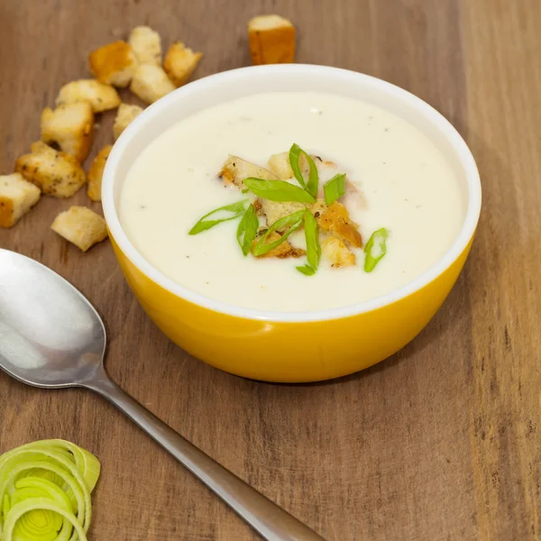 Un bol de soupe de poireaux et pommes de terre — Photo