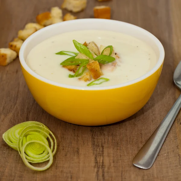 Un bol de soupe de poireaux et pommes de terre — Photo