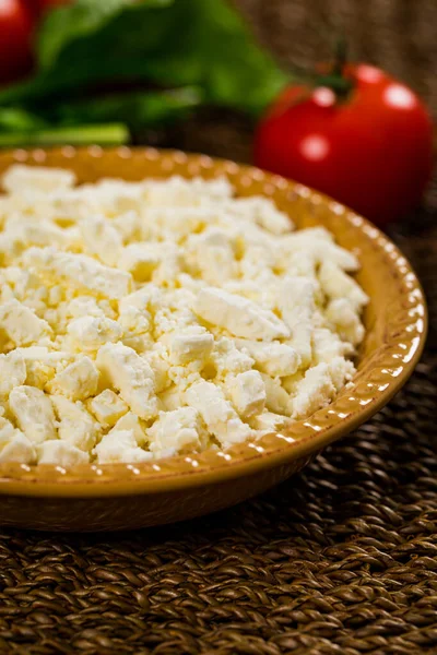 Feta Crumbled Cheese Spinach Tomatoes Background Selective Focus — Photo