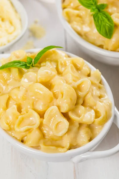 Parmesan Mac Und Käse Makkaroni Auf Weißem Holzhintergrund Selektiver Fokus Stockfoto