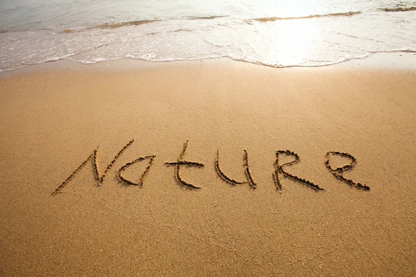 Λέξη φύση γραμμένο στην άμμο — Φωτογραφία Αρχείου