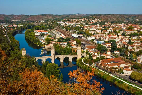 Vista de otoño desde arriba a Pont Vlentre, Cahors, Francia Fotos de stock libres de derechos