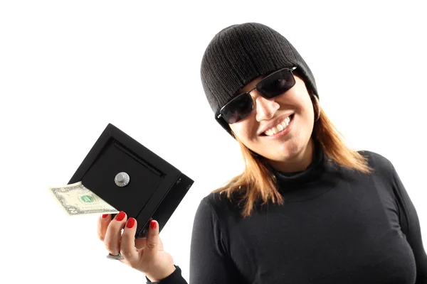 Thief girl holding a safe — Stock Photo, Image