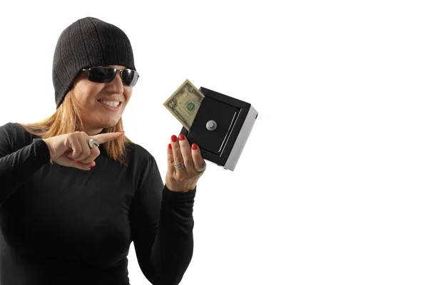 Thief girl holding a safe — Stock Photo, Image