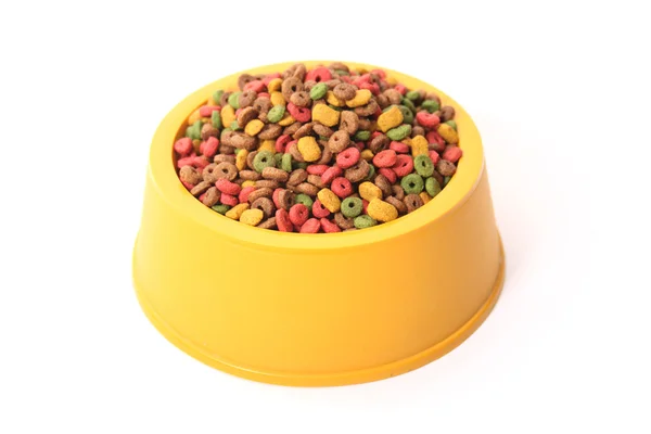Yellow dog bowl with food — Stock Photo, Image