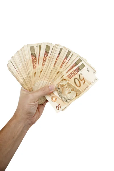 Brasilianisches Geld halten — Stockfoto