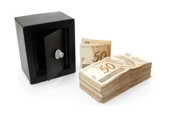 Brasilianisches Geld und ein schwarzer Safe — Stockfoto