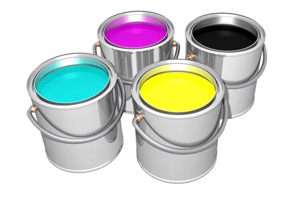 Cyan Magenta Yellow Black paint cans — Stock Photo, Image