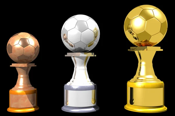 Bronze, silver and gold soccer trophies (3D) — Stock Photo, Image