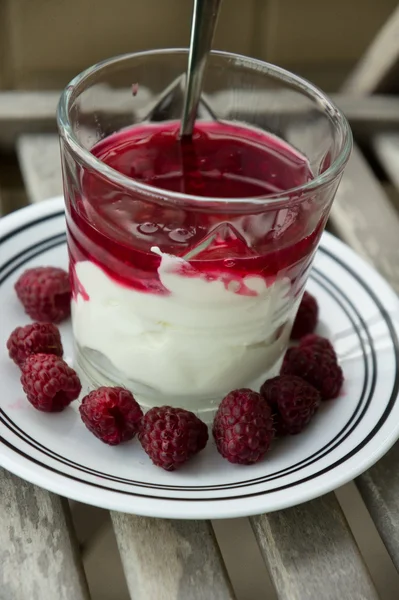 Dessert Bio-Joghurt mit Himbeergelee und französischem Baguette — Stockfoto