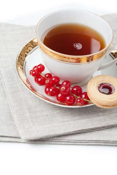 Tea served for two people on linen napkin on white background — Stock Photo, Image