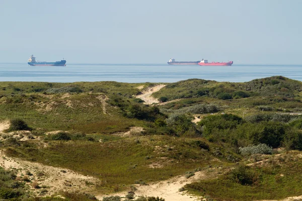 Industrieschiffe auf hoher See mit Dünen Stockbild