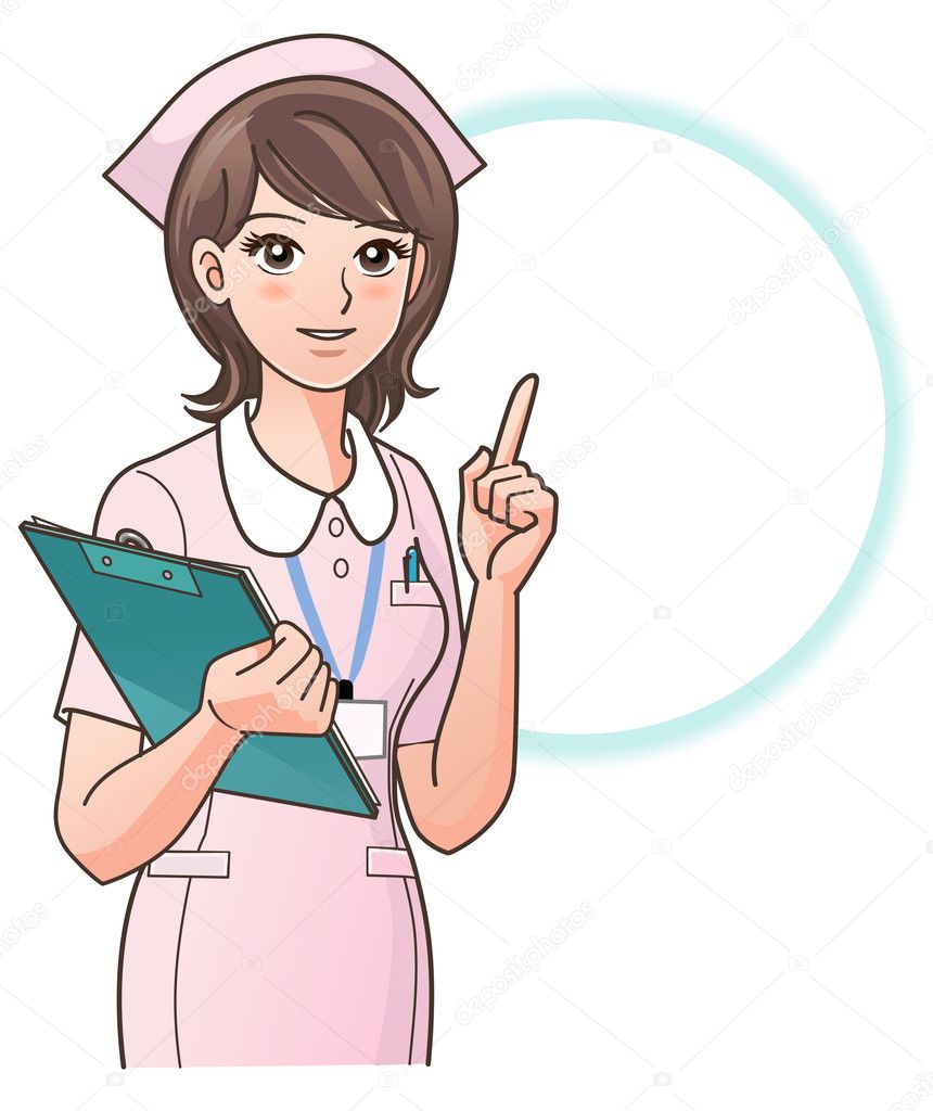 Young nurse pointing the index finger up, guiding information, with a clipboard, isolated on white back ground