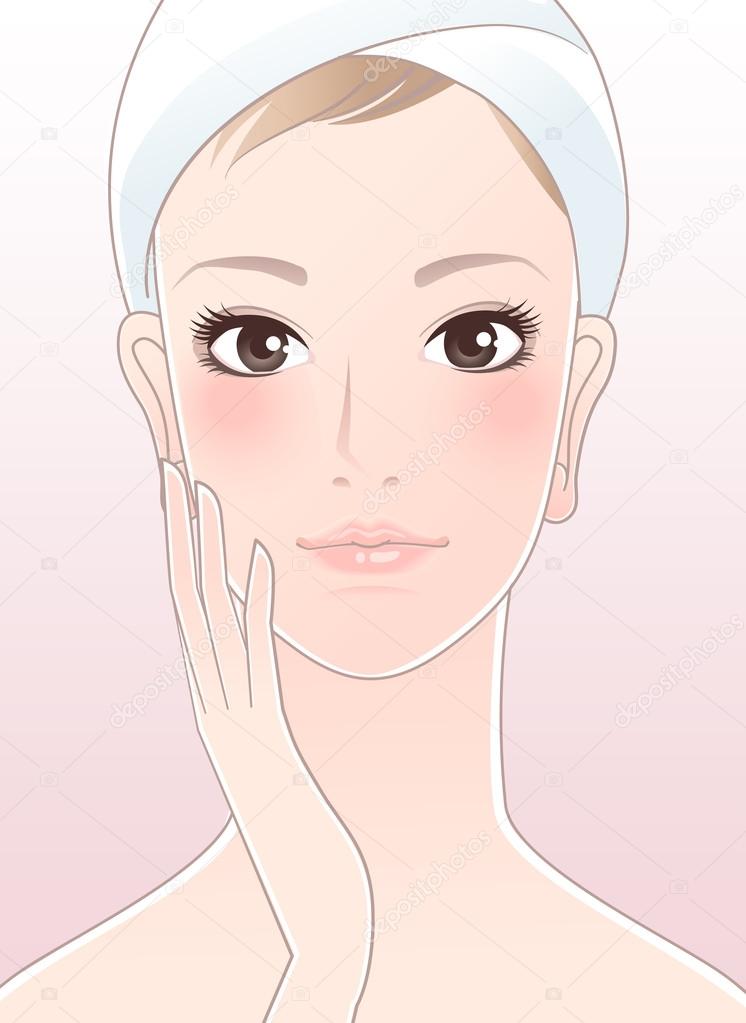 Beautiful spa woman touching her face after skincare