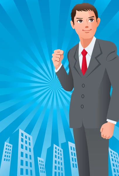 Geschäftsmann mit der Faust in der Sonne und Wolkenkratzer Silhouette Hintergrund. - überprüfen Sie mein Portfolio nur auf den Hintergrund in zwei verschiedenen Farbmustern. — Stockillustration Geschäftsmann mit der Faust in der Sonne — Stockvektor