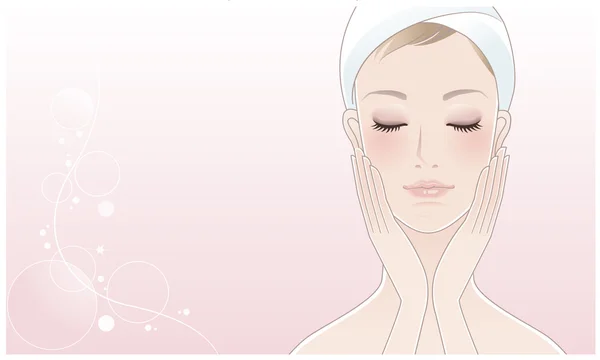 Hermosa mujer spa tocándose la cara después del cuidado de la piel . — Vector de stock