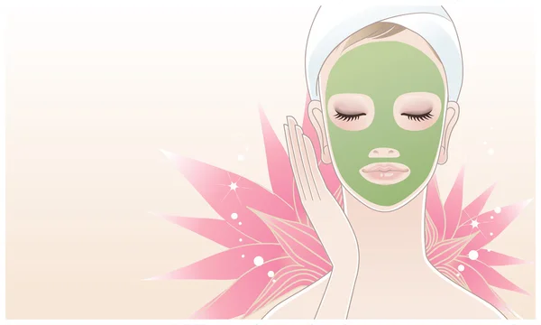 Schöne junge Frau mit kosmetischer Maske im Gesicht auf Lotusblume Hintergrund. — Stockvektor
