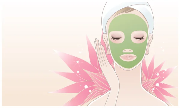 Mooie jonge vrouw met cosmetische masker in haar gezicht op lotus bloem achtergrond. — Stockvector