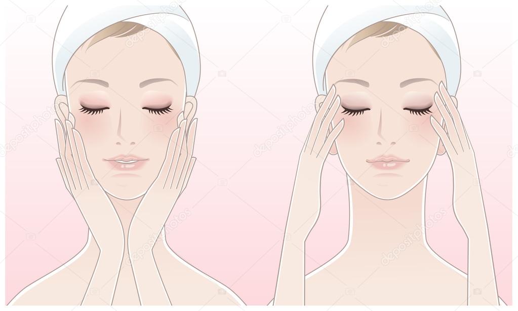 Beautiful young woman pressing temples, Touching her face after beauty treatment.