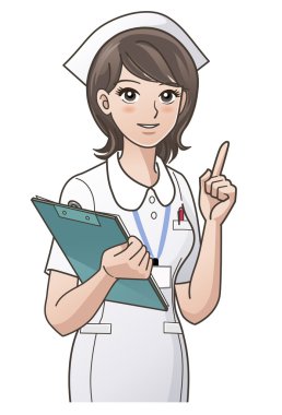Young nurse pointing the index finger up, guiding information clipart