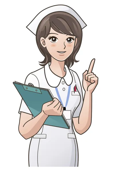 Young nurse pointing the index finger up, guiding information — Stock Vector