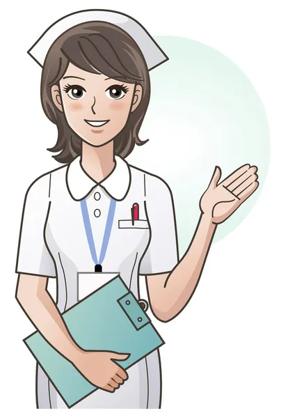Jovem enfermeira bonita fornecendo informações, orientação. Enfermeira dos desenhos animados. Hospital . — Vetor de Stock